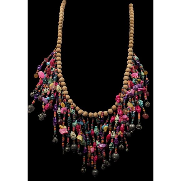 Vintage Mermaidcore Rainbow Artisan Crafted Wood And Shell Fringe Necklace - Picture 2 of 6